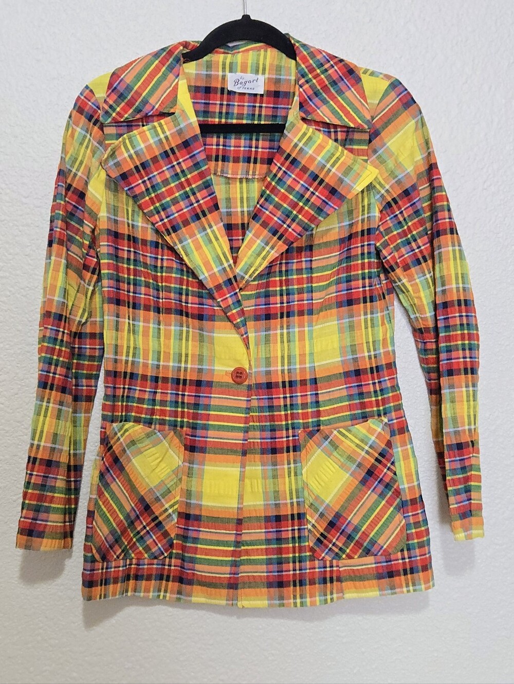 Vintage 70s Plaid Blazer - Flap Collar - Colorful - Seersucker - Pockets - WOW!